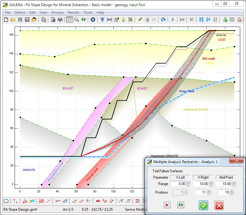 The slope surface, phreatic surface and failure surface are then added